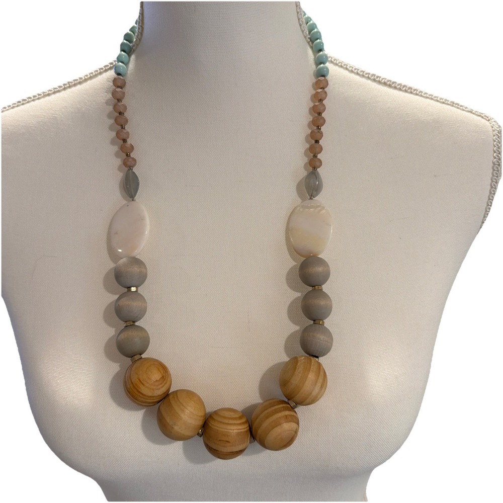 Boho Chunky Wooden Bead Mother Of Pearl Multi Material Statement Necklace Beach